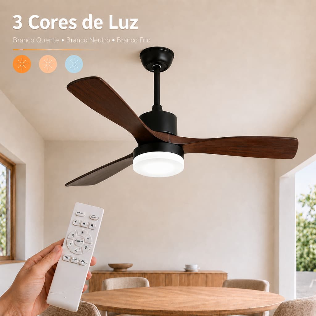 Ventilador Plafon LED 48W Bivolt 5 Pás Controle Remoto Timer 6 Velocidades