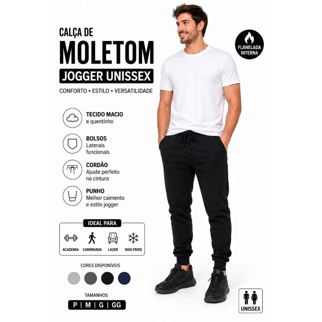 Calça  Moletom  Jogger Unissex Flanelada Inverno Academia Caminhada Bolsos com cordão