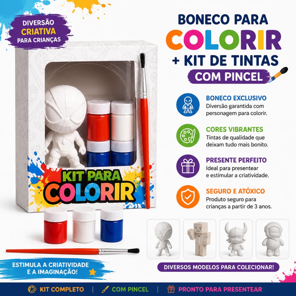 Boneco para Colorir + Kit de Tintas com Pincel – Diversão Criativa para Crianças