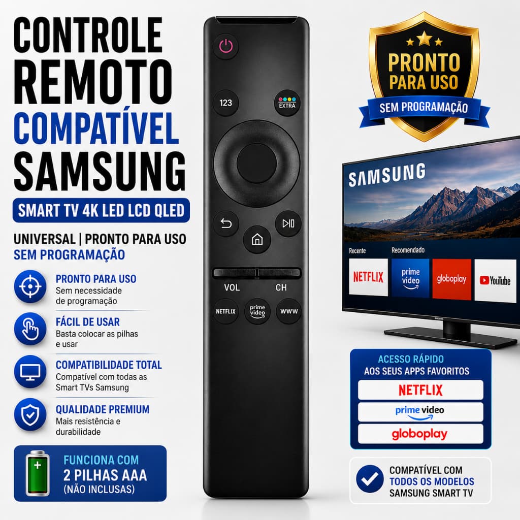 Controle Remoto Para Samsung Smart TV Compatível 4K LED LCD UHD QLED