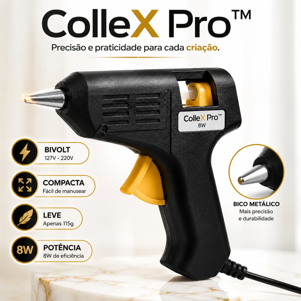 Pistola de Cola Quente Bivolt 8W Compacta Profissional para Artesanato EVA Madeira Tecido DIY ColleX Pro™
