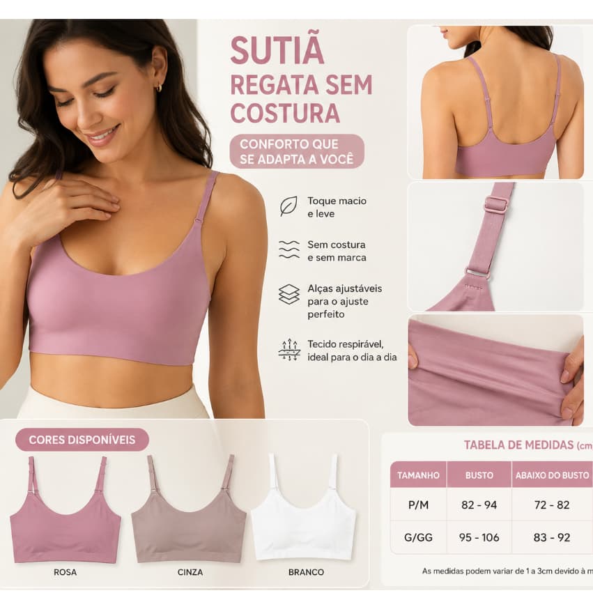 Top Sutiã Sem Costura Feminino Alças Reguláveis Sem Aro Com Bojo Removível Confortável Sustentação Leve
