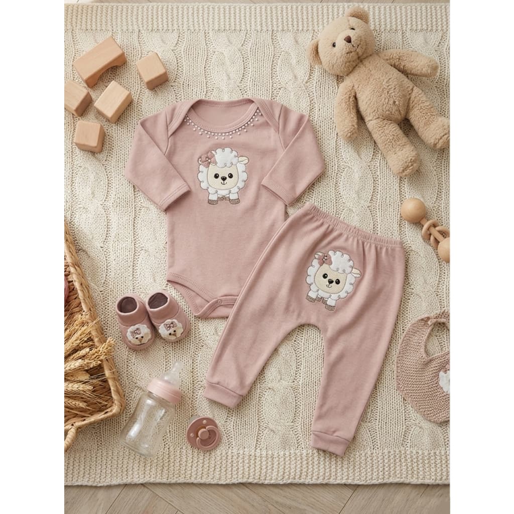 Conjunto de Bebê Ovelha Body Manga Longa com Sapatinho e Calça Bordado Kit 3 Peças