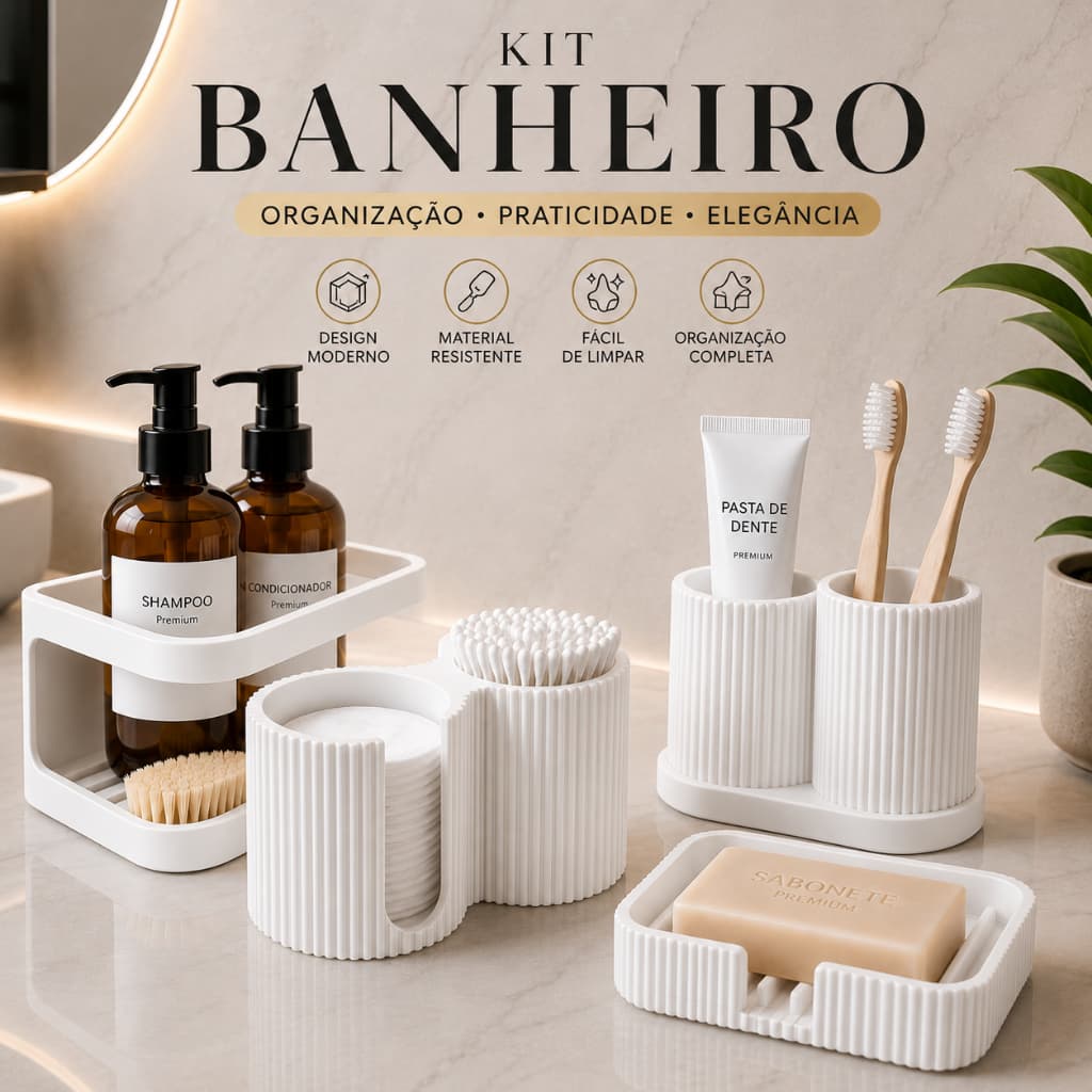 Kit Banheiro 4 Peças Porta Shampoo Sem Furar Saboneteira Porta Escova Organizador Algodão Cotonete