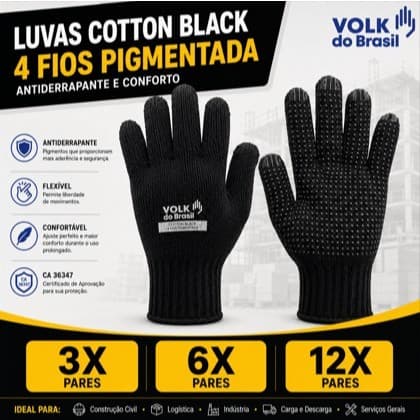 Kit 3 Luvas Cotton Black Volk 4 Fios Malha Pigmentada CA 36347- Antiderrapante e Conforto