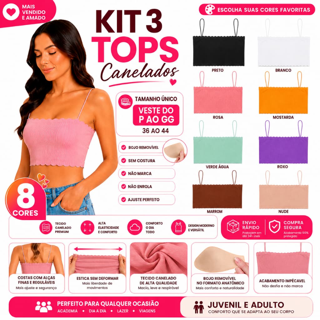 Kit 1/2/3 Tops Canelados Femininos Bojo Removível Alça Fina Alta Elasticidade P ao GG