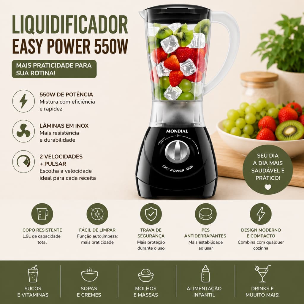 Liquidificador Mondial Power L-550 2 Velocidades e Pulsar 550W