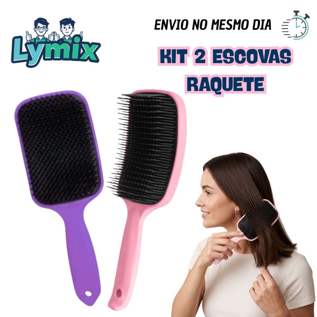 Kit 2 Escovas Raquete Profissional – Desembaraço Fácil, Zero Frizz e Muito Brilho