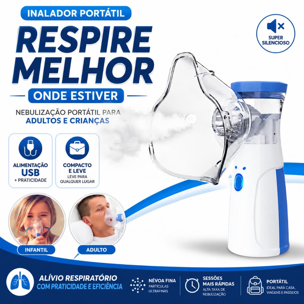 Inalador Portátil Nebulizador Ultrassônico Mesh Silencioso Adulto Infantil USB e Pilhas JSL-W302