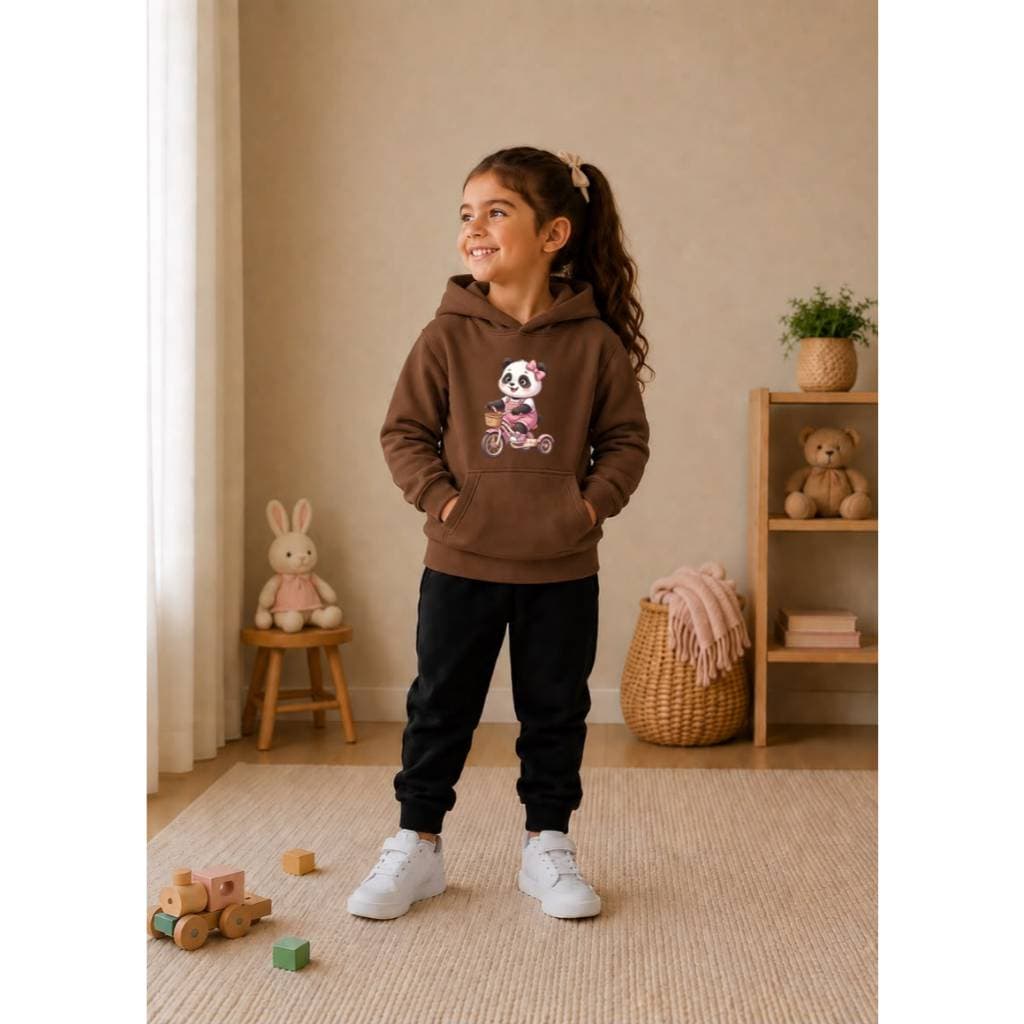 Conjunto Agasalho Moletom Canguru Infantil Capuz e Bolso Premium Estampa Pandinha Laço Bicicleta