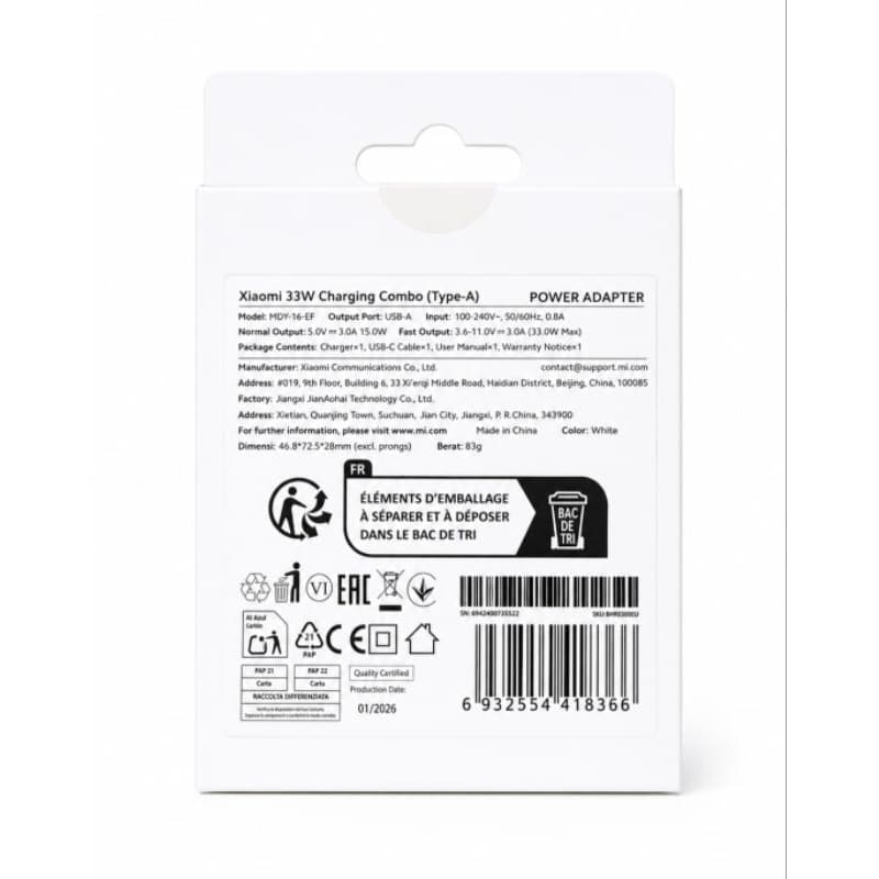Carregador Original Xiaomi 33W USB-A com Cabo USB-C