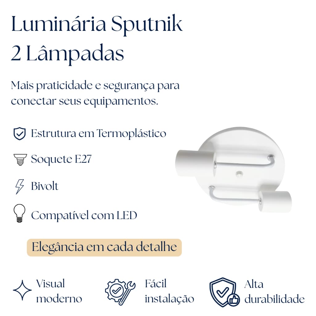 Luminária Plafon Sputnik P/ 2 Lâmpadas Branco Preto Cobre Dourado Marrom Rosé Termoplástico Sala Cozinha Quarto