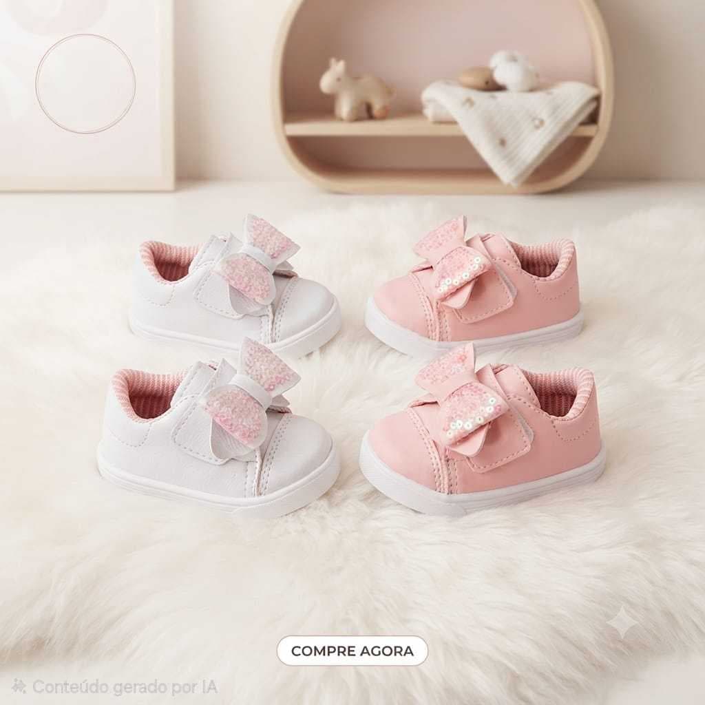 Tenis rosa ou branco bebê feminino com enfeite de laço antiderrapante estiloso e confortável com fechamento fácil