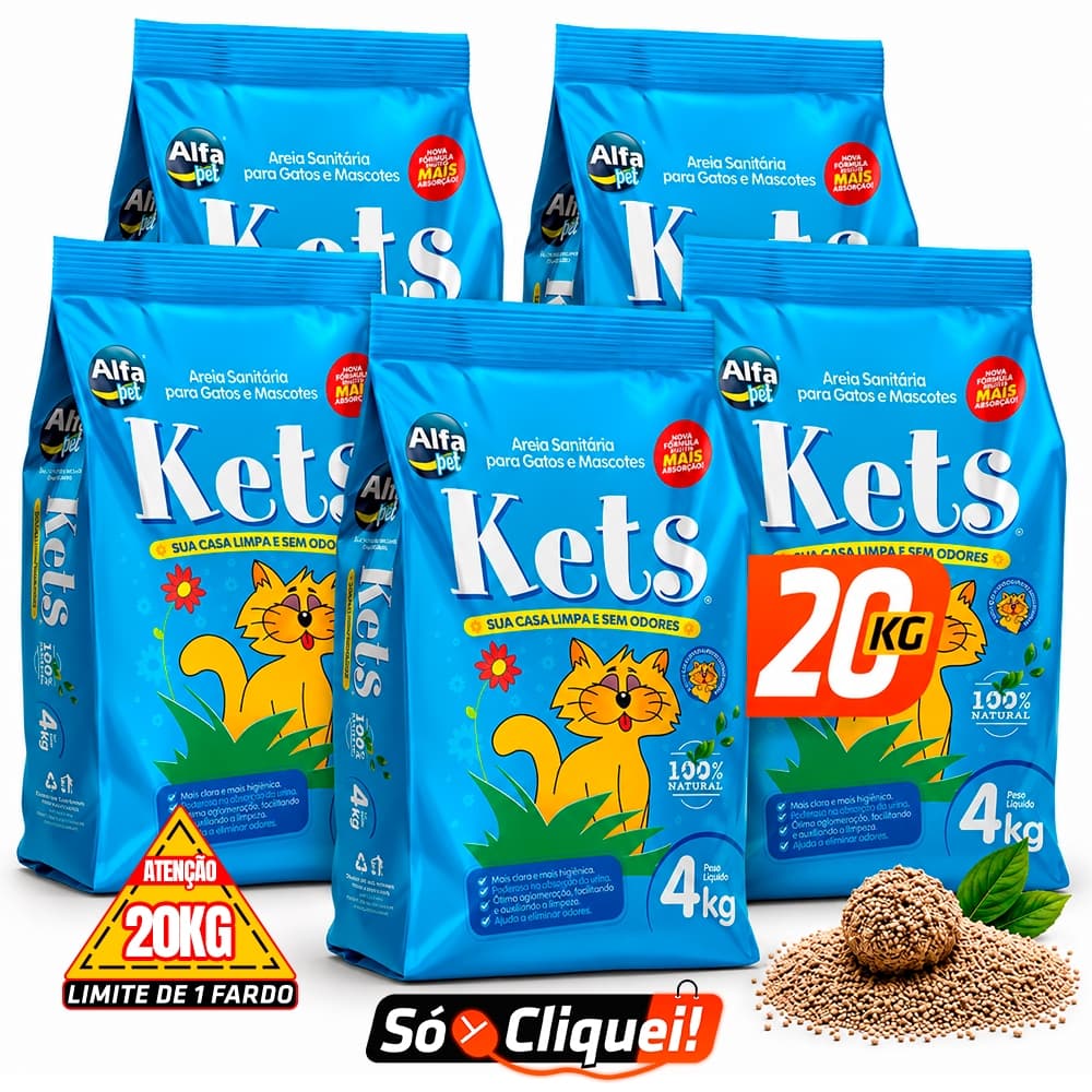 Kit 5 Pacotes Fardo de Areia Para Gato Kets 20KG Alfa Pet Granulado Biodegradável Sanitário Forma Torrões Alta Absorção