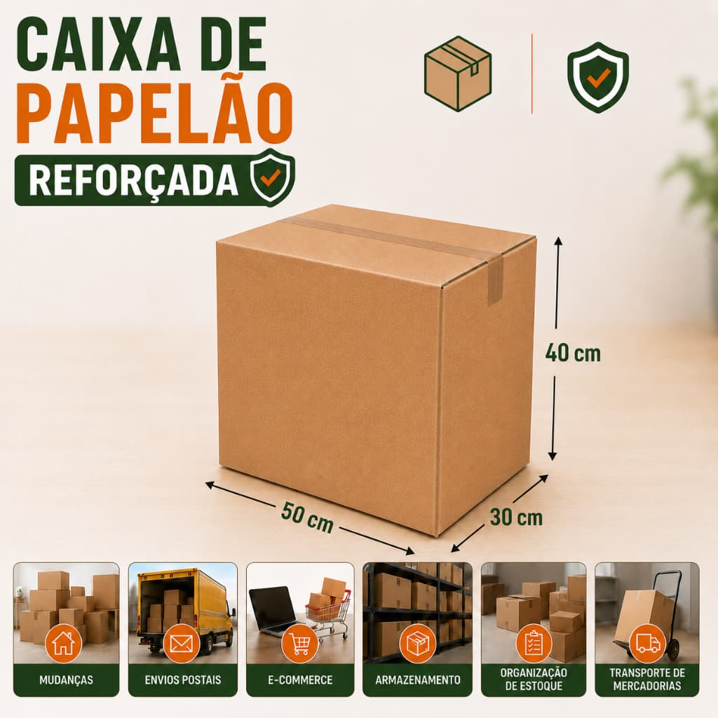 Caixa de Papelão Grande 50x40x30 Nova Reforçada p/ Mudança Envio Armazenamento Correio Ecommerce