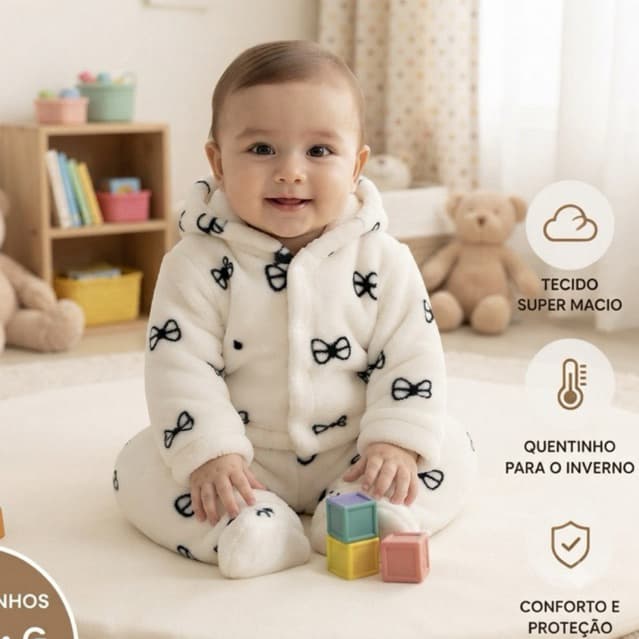 Kit 4 peças Soft Bebê com Capuz e Botões Inverno Peluciado Quentinho do P ao GG aleatório