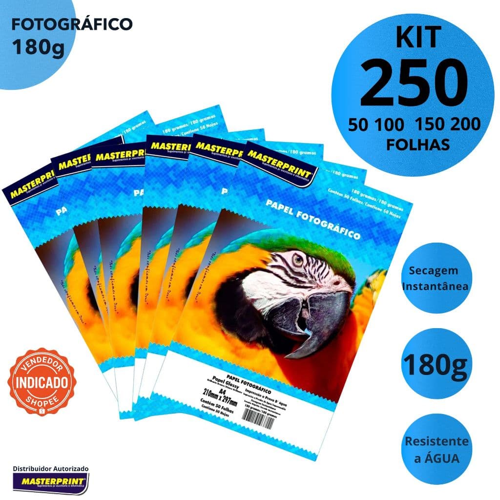 Papel Fotográfico 180g Glossy A4 Brilhante Masterprint à Prova D' Água