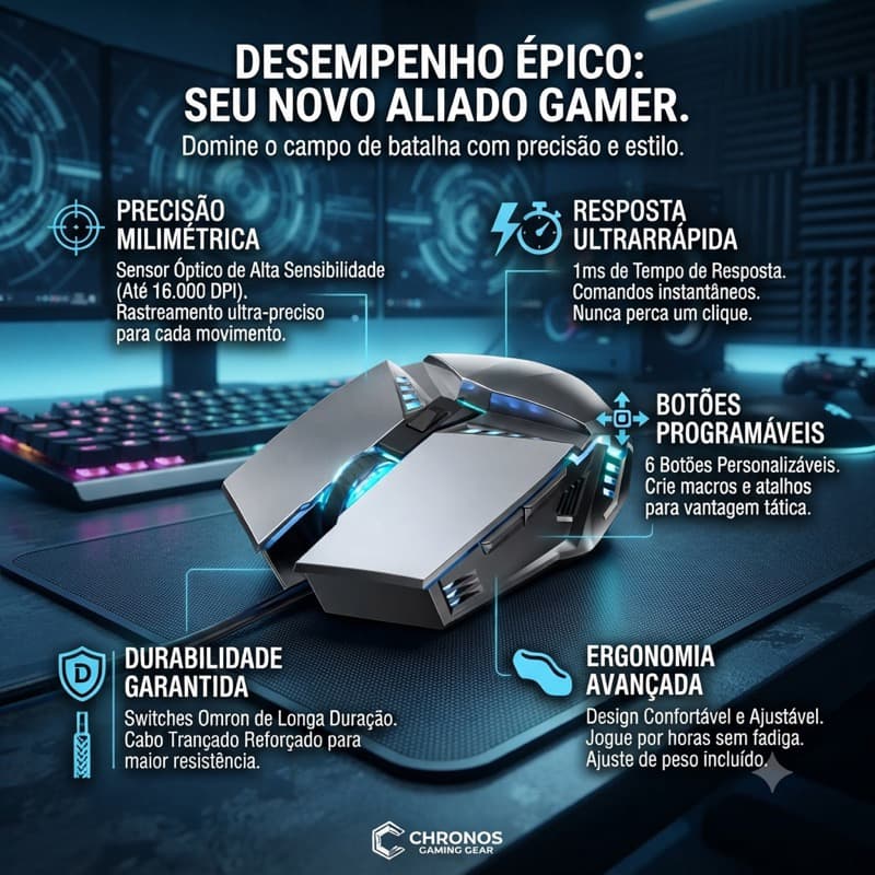 Mouse Gamer com Fio LED RGB – Alta Precisão para Jogos e PCCompetitivobarato