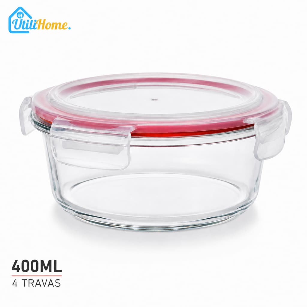 Pote Hermético de Vidro 400ml Redondo 4 Travas Tampa Vermelha Unitário ou Kit