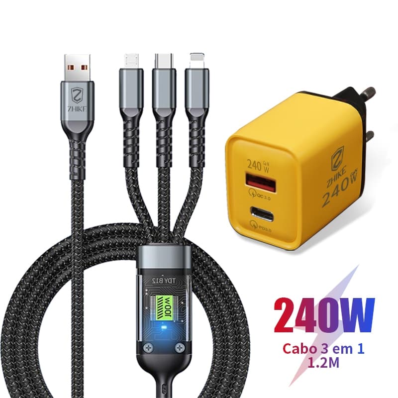 Cabo Carregador Carregamento Rápido 3 em 1 Tipo C Micro USB iP 1,2M Punk Trançado de nylon Com Adaptador GaN