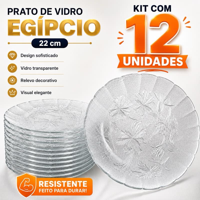 Kit Até 12 Pratos de Vidro Decorativo Egípcio 22cm Transparente Relevo Floral Sofisticado