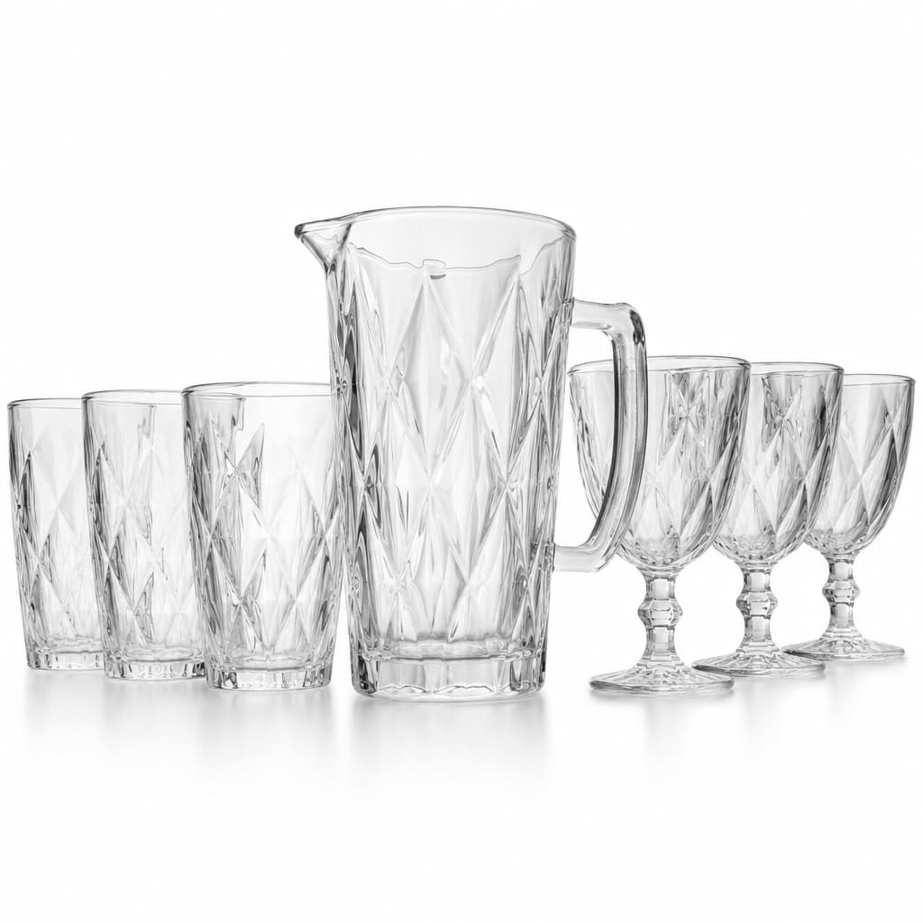 Conjunto Diamond de Jarra 1200ml + 06 Copos 340ml + 06 Taças 320ml Suco Agua Transparente Luxo Possui Variações