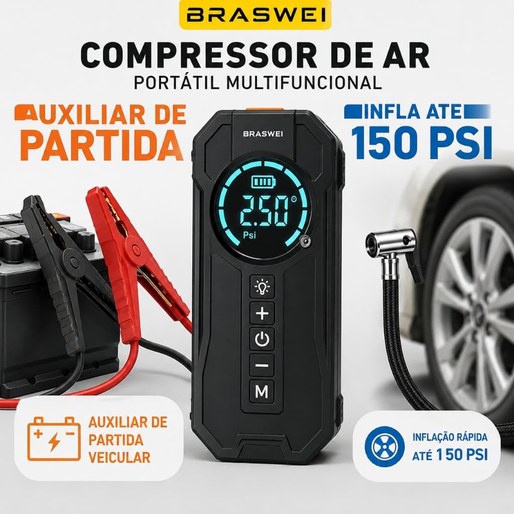 Compressor de Ar Portátil 150 PSI 120W com Auxiliar de Partida e Visor Digital BW14038 BRASWEI