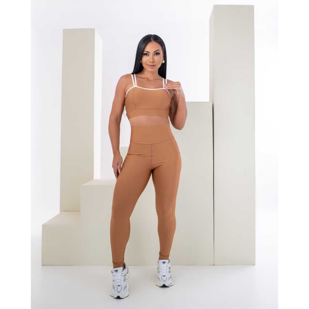 Conjunto Fitness Feminino Top Alça Dupla + Legging Cintura Alta com Bolso | Caramelo
