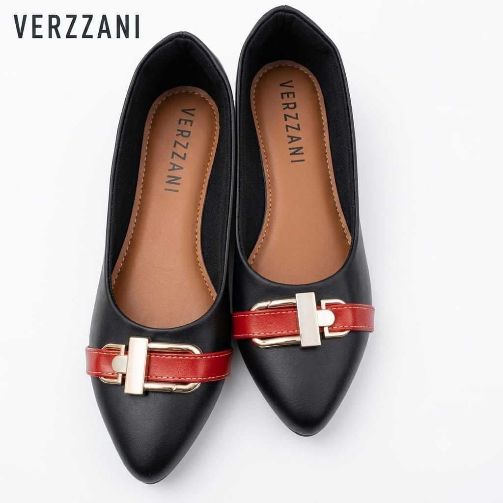Sapatilha Feminina VERZZANI napa preta com emfeite em vermelho e fivela casual antiderrapante casual PT01