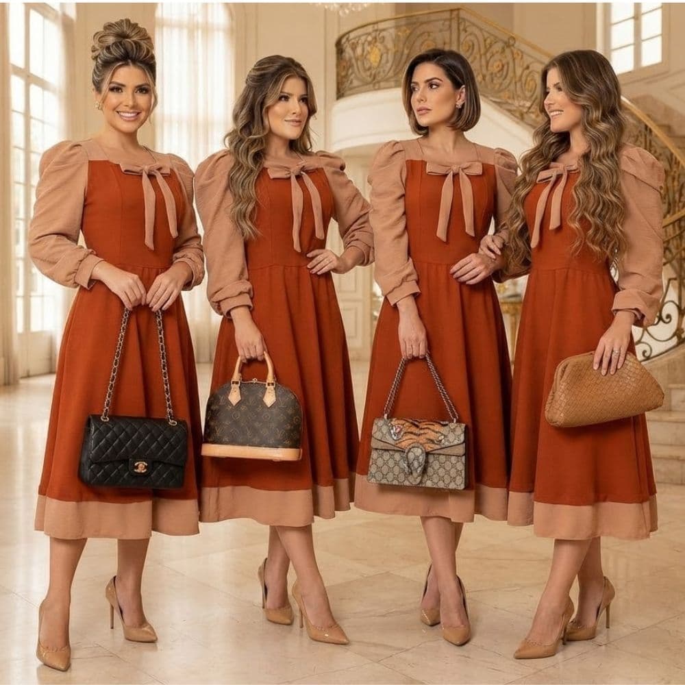 Vestido Rodado Social Manga Longa Estilosa Laço Saia Midi Moda Evangélica Plus Size Para Congresso