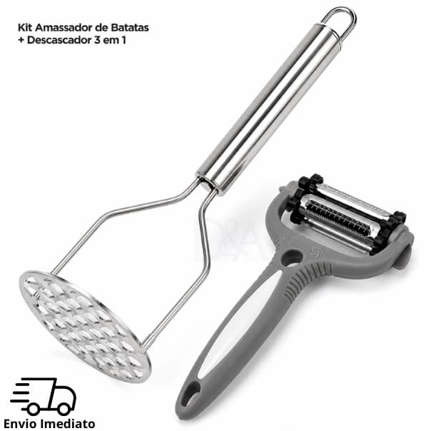 Kit Amassador De Batatas E Descascador De Legumes 3 Em 1