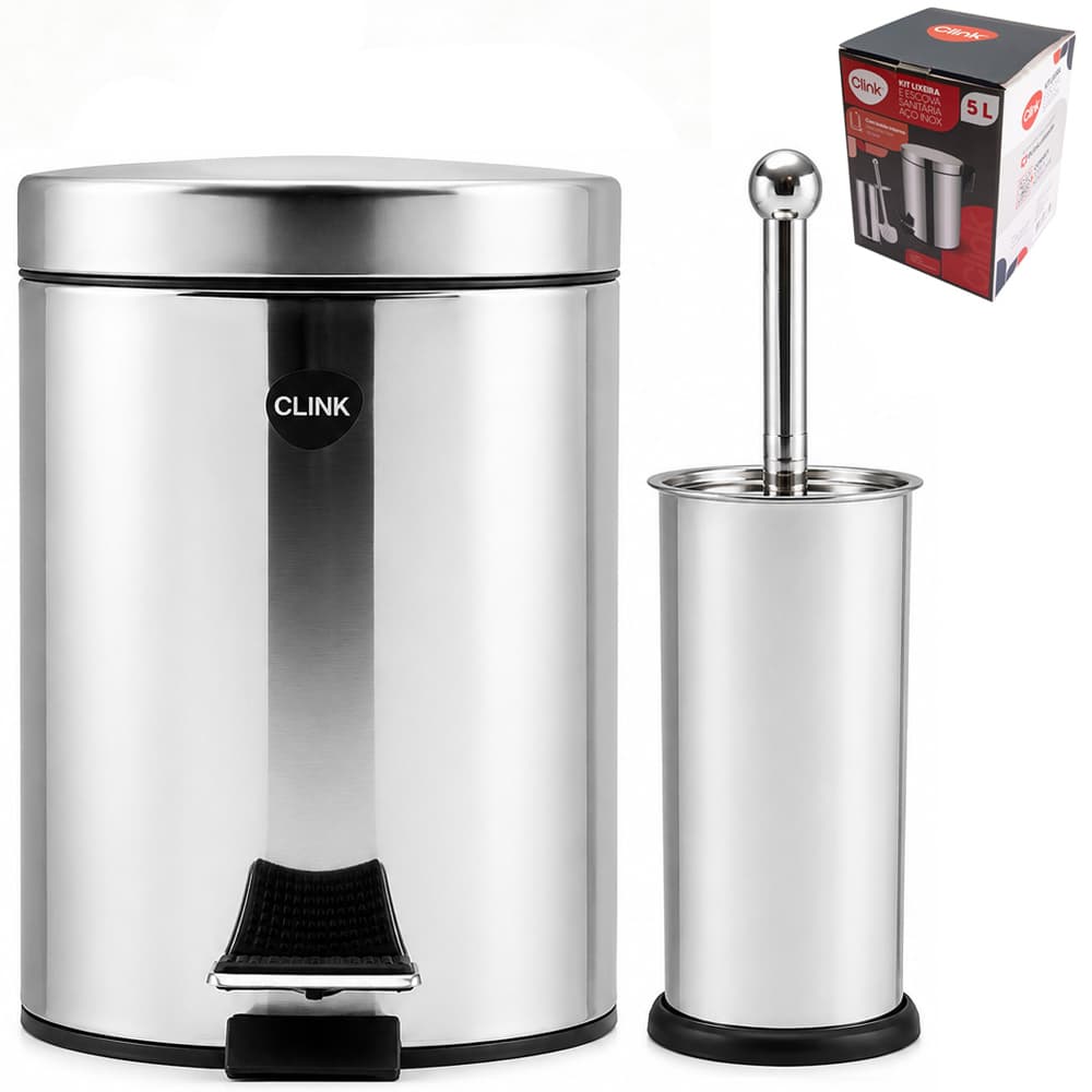 Kit Lixeira 5 Litros Com Escova Sanitária Para Banheiro Inox