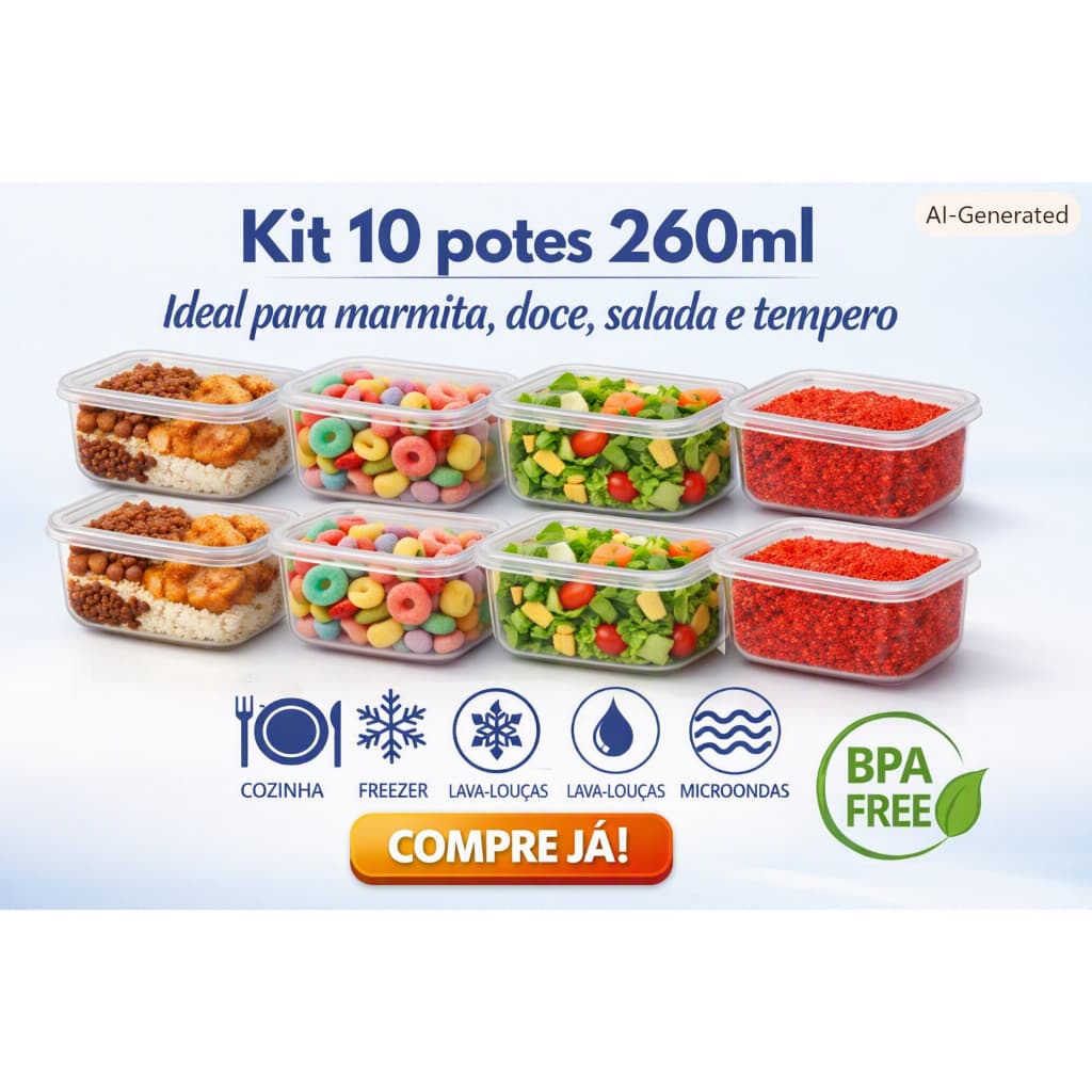 Kit 10 Potes 260 ml mini marmita fit salada papinha tempero Livre de BPA freezer, micro-ondas