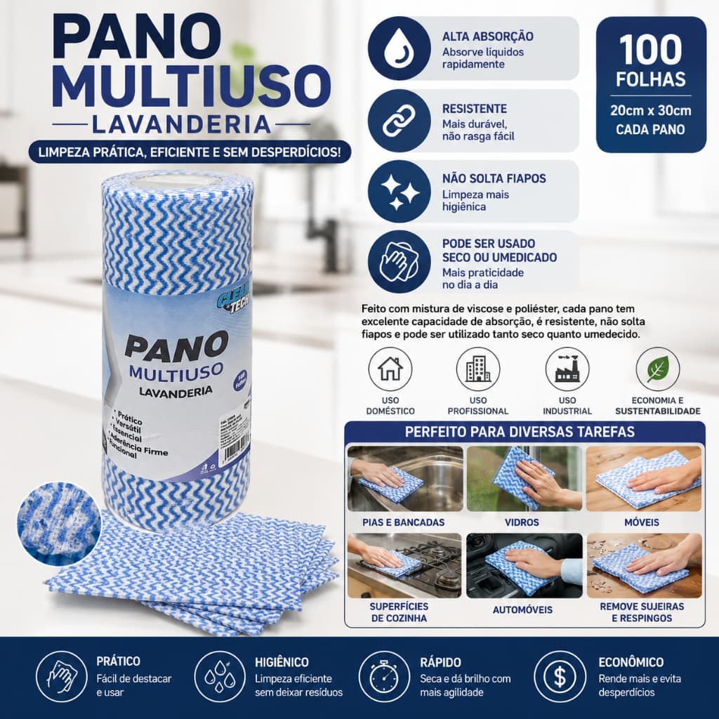 Rolo de Pano Multiuso cozinha Lavanderia 100 Folhas absorventes resistente