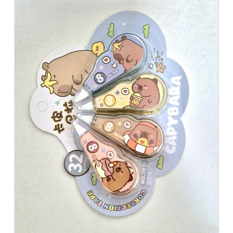 4x Corretivos em Fita Decorados Capivaras Alta Cobertura - Papelaria Kawaii Ideal para Alunos e Professores