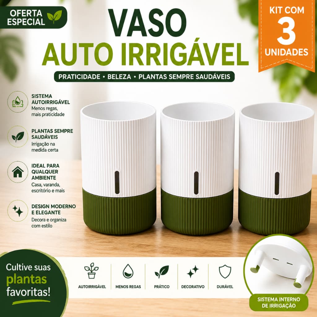 Kit 3 Vasos Auto Irrigável 12cm para Plantas e Temperos