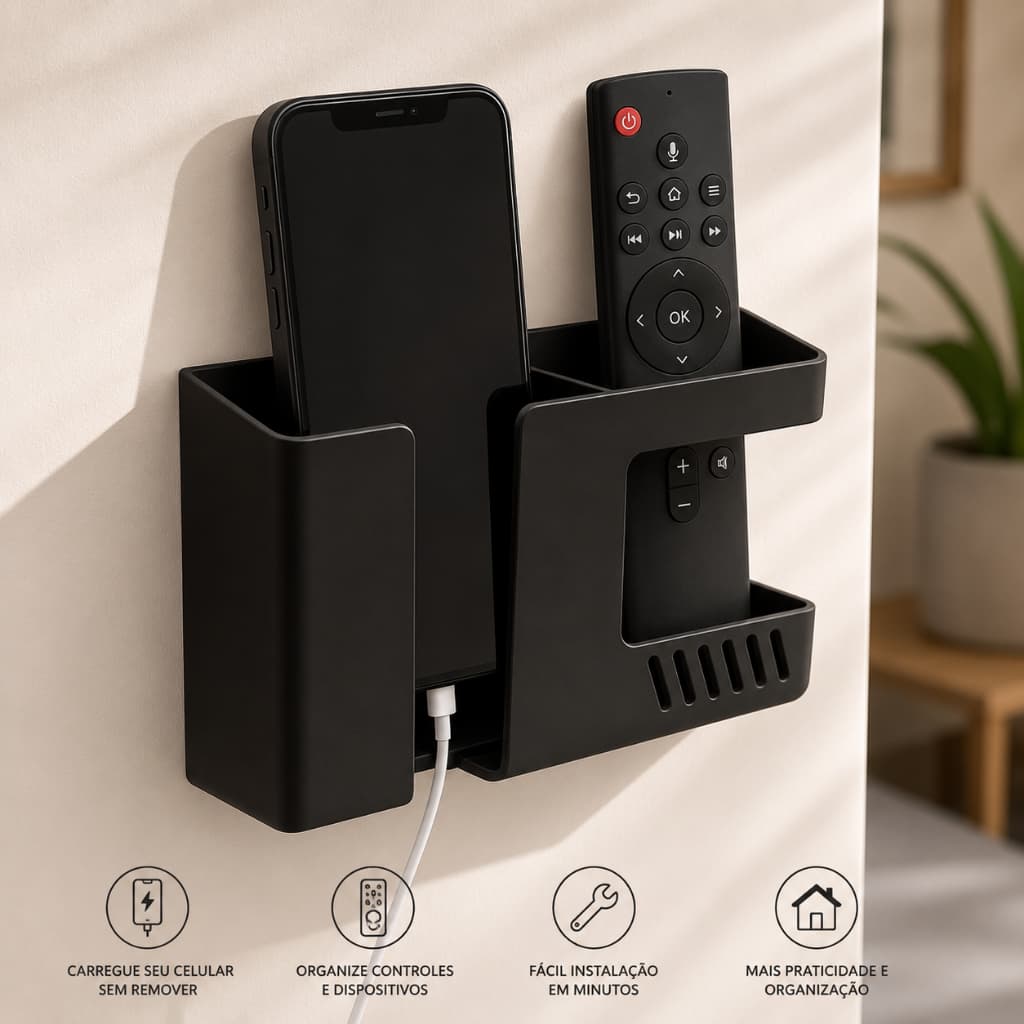 Suporte Organizador de Parede para Celular, Controle Remoto e Carregamento | Porta Celular de Cabeceira