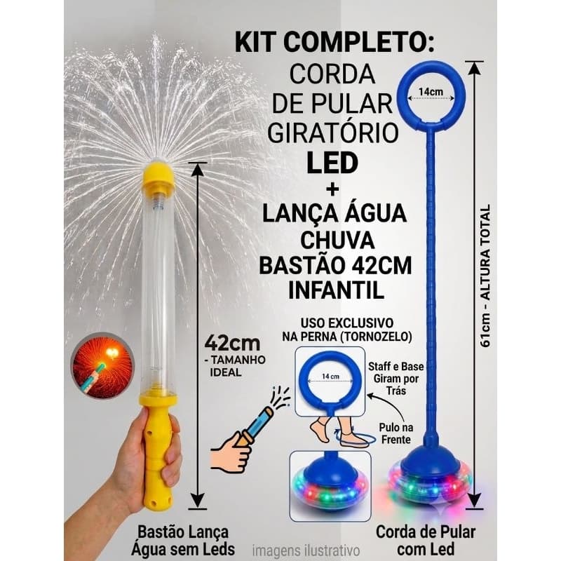 Kit Corda De Pular Giratória Com Led + Lança Água Chuva Bastão 42cm Infantil