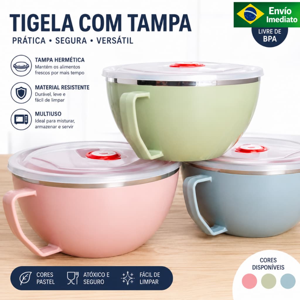 Tigela De Aço Inoxidável pote 900ML Multiuso Estilo Coreano Com Selo