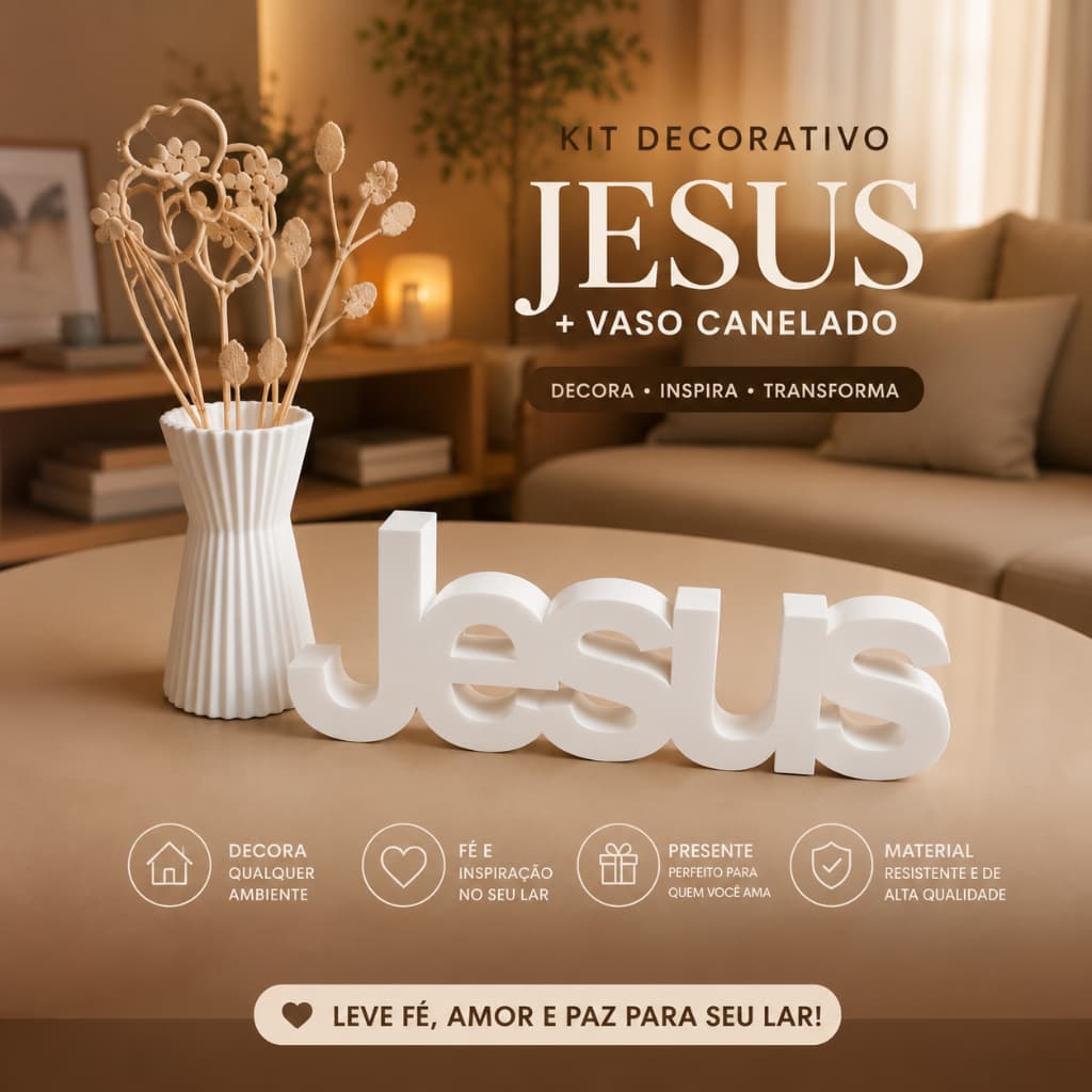 Kit Decorativo Vaso Palavra Jesus para Sala Mesa Enfeite para sua casa