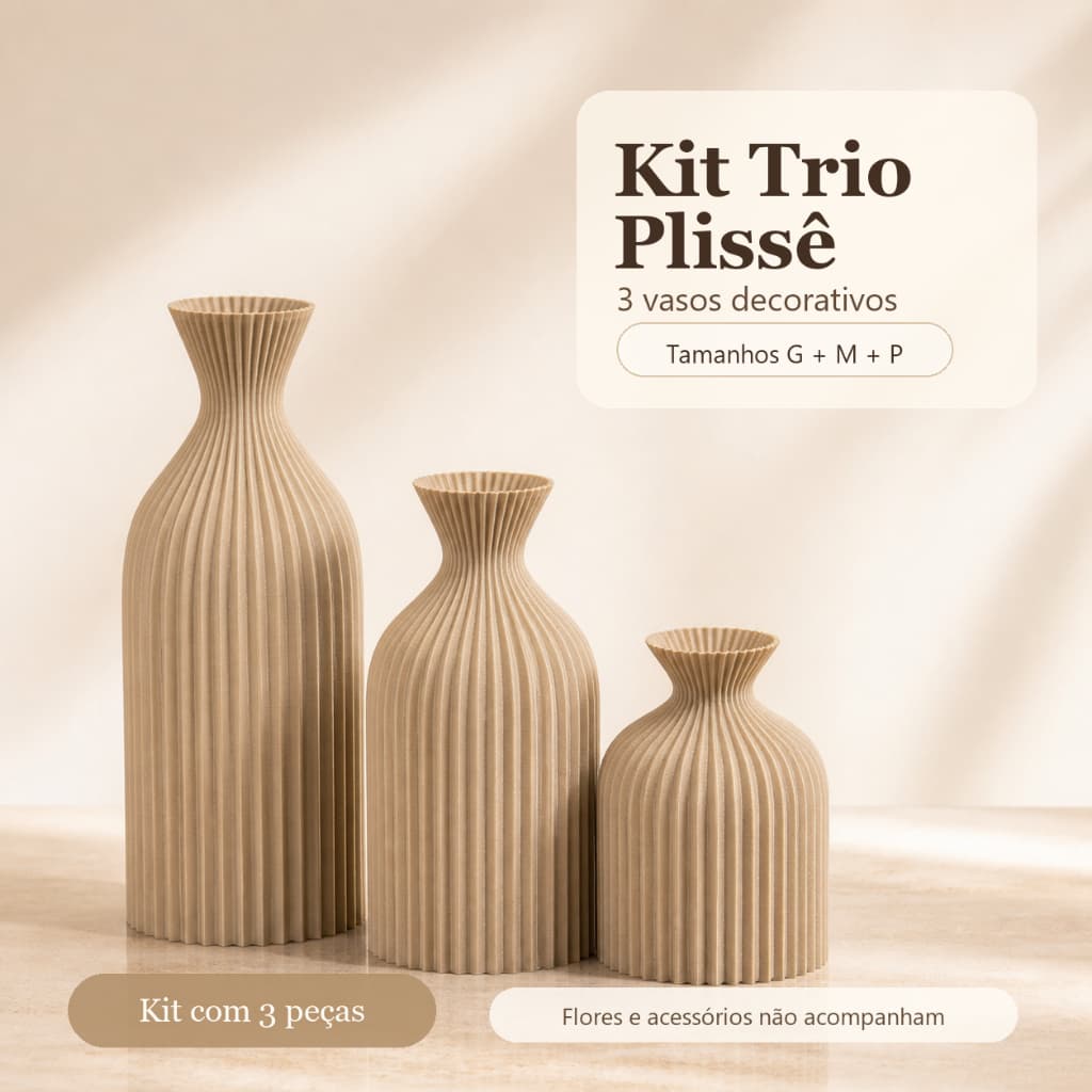 Kit Trio Plissê 3 Vasos Decorativos Canelados Cachepot Moderno Para Decoração Interna