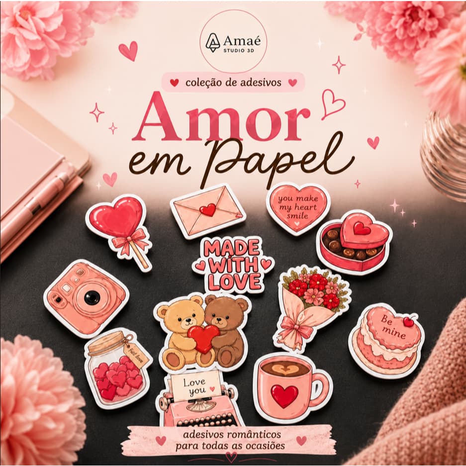 Kit 12 Adesivos Amor em Papel | Papelaria Fofa | Feito para vários lugares