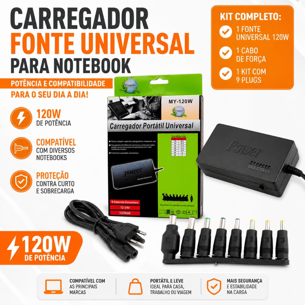 Fonte Carregador Universal Para Notebook Monitor Adaptador Bivolt 120w