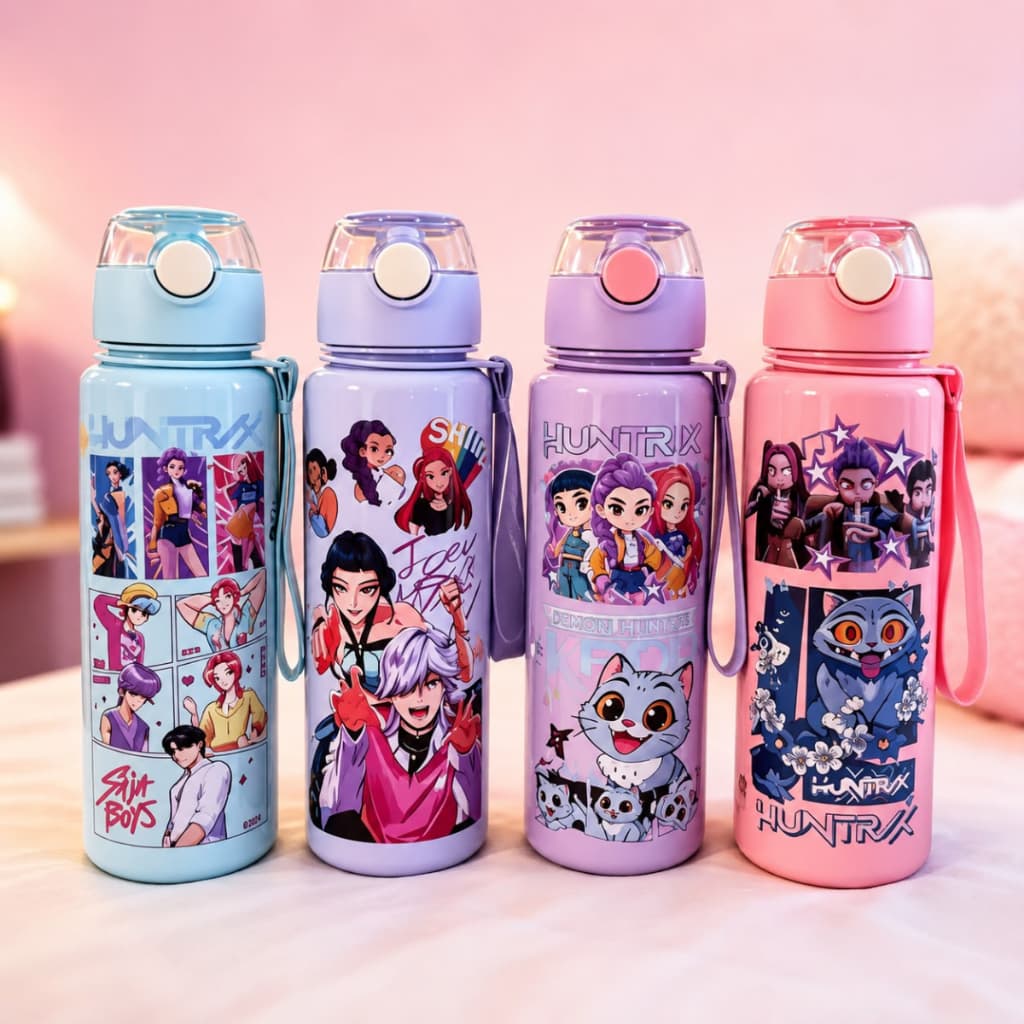 Garrafa Infantil Temática Com Canudo e Alça Squeeze Escolar 700ml  Antivazamento Personagens Animados Presente Crianças