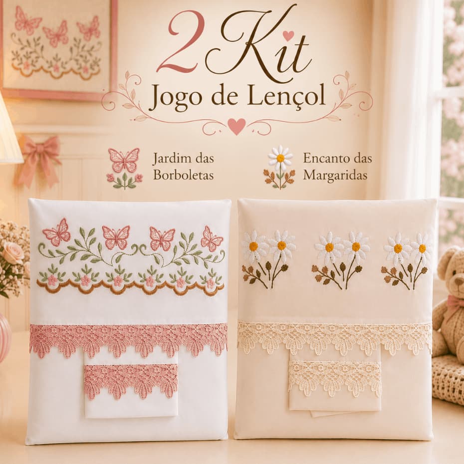 2 Kit Jogo Lençol de Berço com Elástico Americano Menina Jogo 3 Peças 100% Algodão 200 Fios Bordado