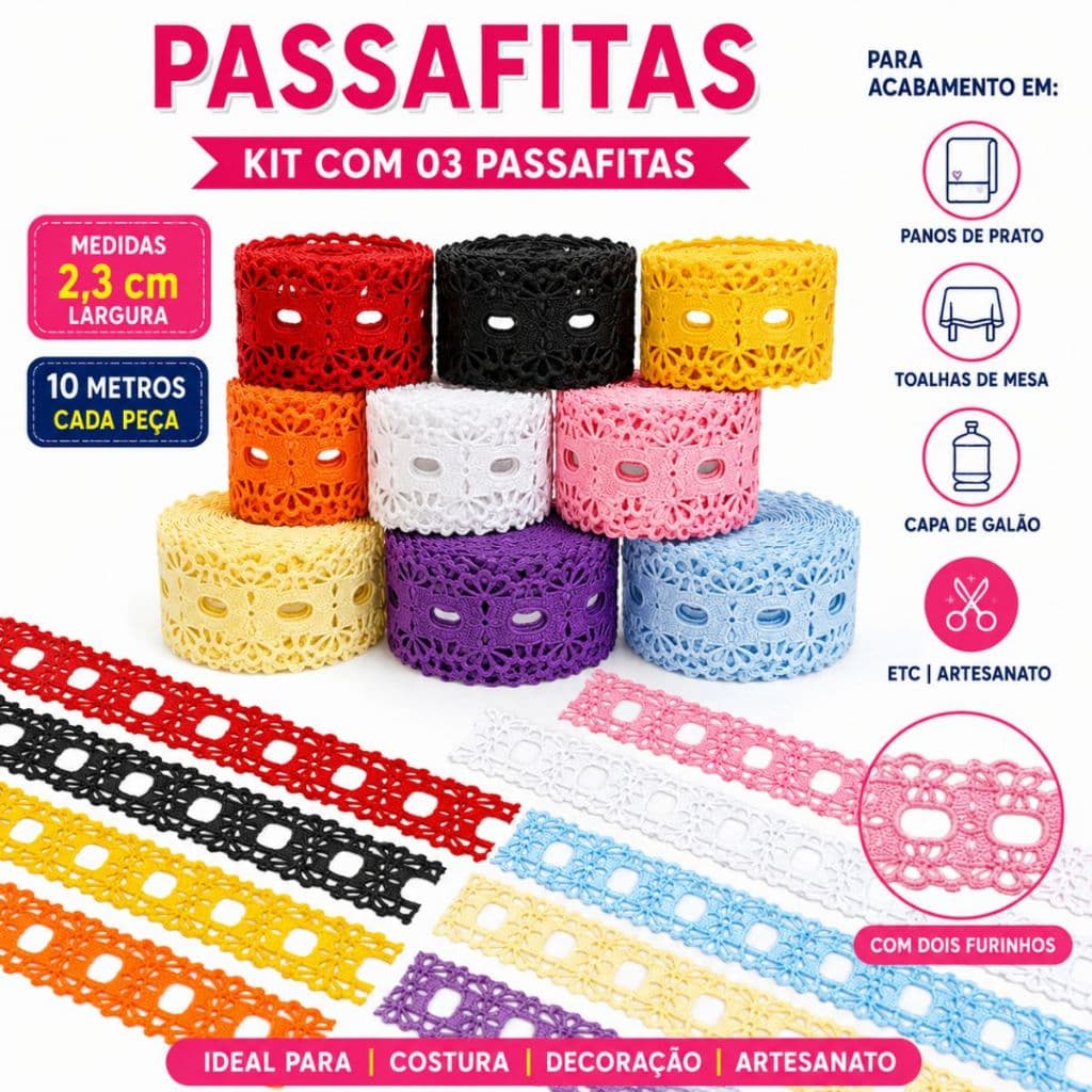 Kit com 03 Passa Fita Crochê 2,3cm 10mt Para Panos de Copa, Acabamentos em Lençóis,Pijamas, Fraldas, Toalhas de Banho