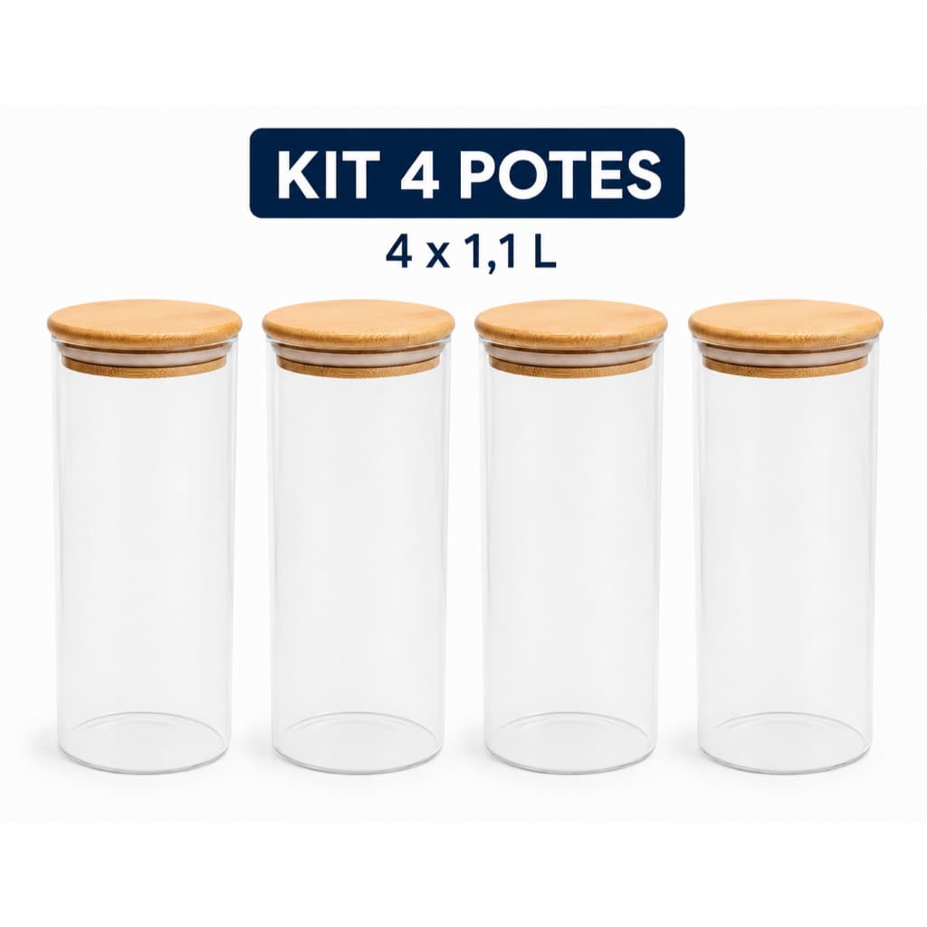 Kit 4 Potes de Vidro Herméticos Redondos OIKOS 1.1L com Tampa de Bambu