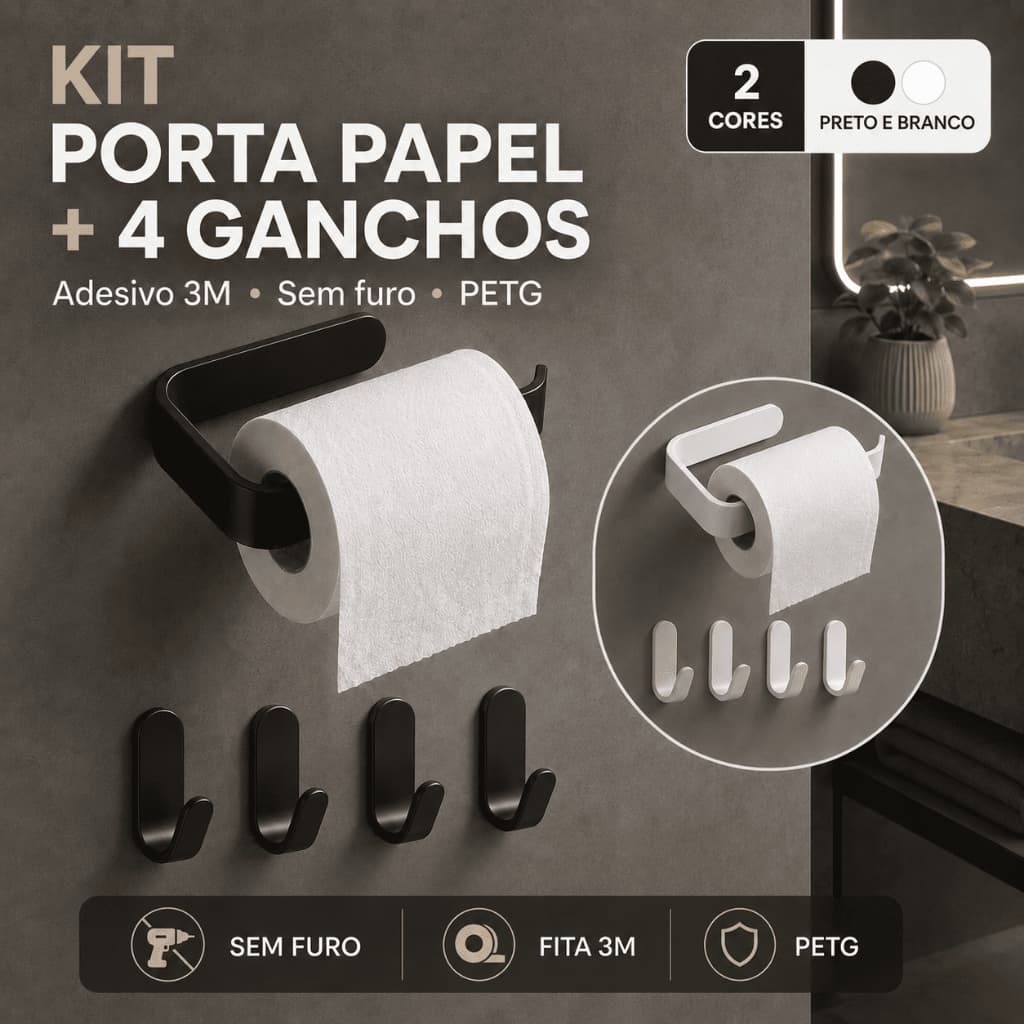 Kit Porta Papel Higiênico + 4 Ganchos Adesivos Sem Furo para Banheiro – Preto e Branco