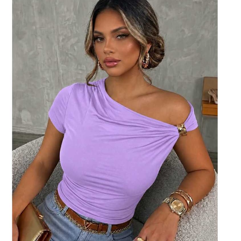 Blusa Feminina Ombro a Ombro com Fivela Dourada Suplex Premium Moda 2026