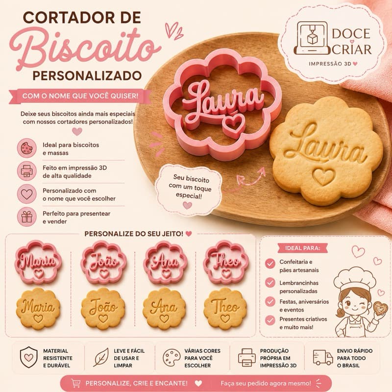 Cortador de Biscoito Personalizado com Nome | Impressão 3D | Cortador para Pasta Americana e Massa